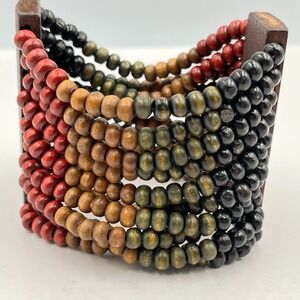 Vintage Bohemian Multi-Strand Earth Tone Wood Seed Beads Stretch Cuff Bracelet